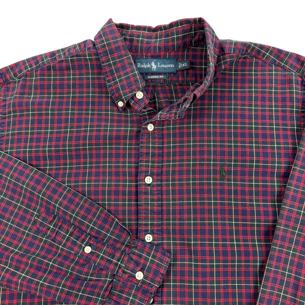 Ralph Lauren Shirt Mens XL Red Blue‎ Plaid Cotton Flannel Classic Fit Pony Logo